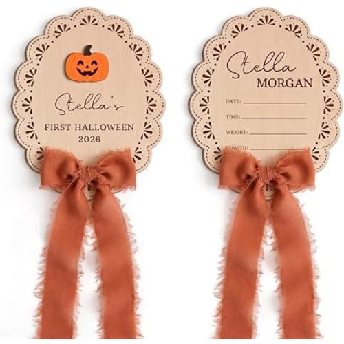 Personalised Baby Announcement Sign with Chiffon Bow - Double Sided Wooden First Halloween DIY Name Board Birth Stats Sign - 5, 6, 8, 10 Inch