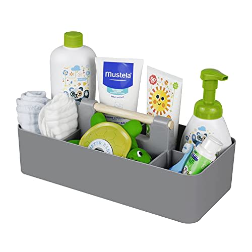 Baby Shower Caddy Plastic Nursery Portable Storage Organizer Caddy Tote for Child/Kids, Divided Basket Bin with Wood Handle for Bathroom, Dorm Room, Holdsn Bottles, Spoons, Gray