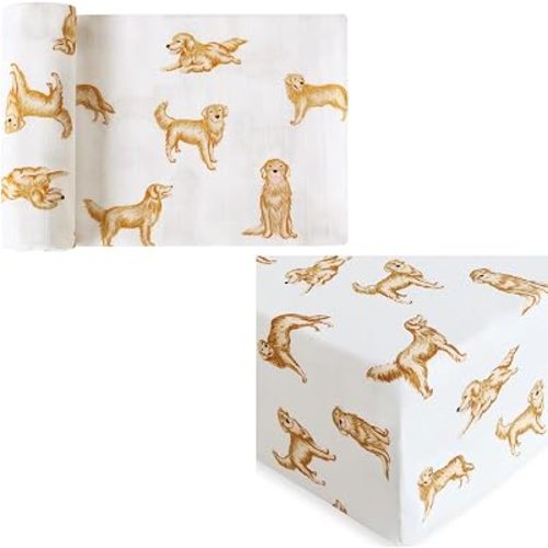 LifeTree Muslin Swaddle Blanket 1 Pack, 70% Viscose from Bamboo and 30% Cotton, Large 47 x 47 inches and Crib Sheet 1 Pack, Golden Retriever