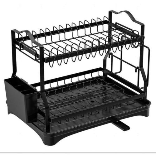 Large Capacity 2-Tier Dish Drying Rack with Rotating Drainage Spout, Multifunctional Kitchen Counter Organizer for Bowls, Plates & Cutting Boad