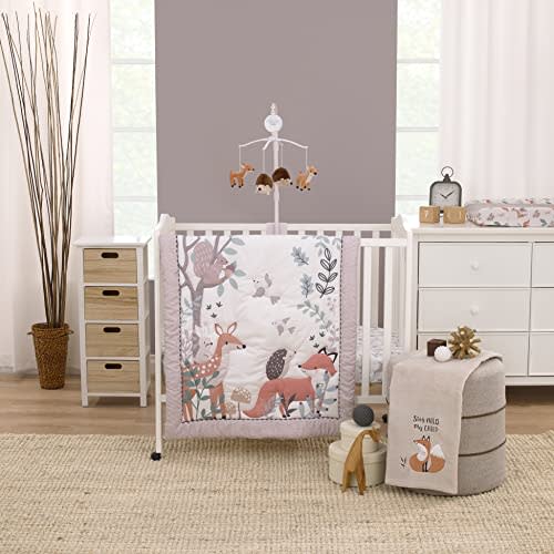 NoJo Little Love Woodland Meadow Taupe, Sage and White, Fox, Deer, and Hedgehog 3 Piece Nursery Mini Crib Bedding Set - Mini Comforter, and Two Fitted Mini Crib Sheets