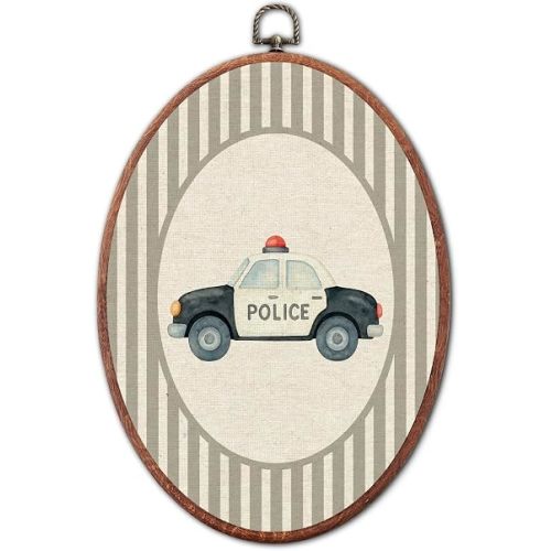 Vintage Police Car Nursery Oval Wall Art Framed, Grey Striped Watercolor Vehicles Canvas Prints, Unique Car Decoration Hanging Wall Decor for Kids Toddler Room Bedroom Playroom, 8.6x11.4 Inch