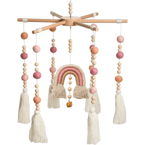 Baby Crib Mobile,Crib Mobile Wooden Mobile with Colorful Cotton Ball Wool Felt Ball Boho Baby Mobile Bassinet Mobile for Crib,Mobile for Baby Nursery and Ceiling Decoration
