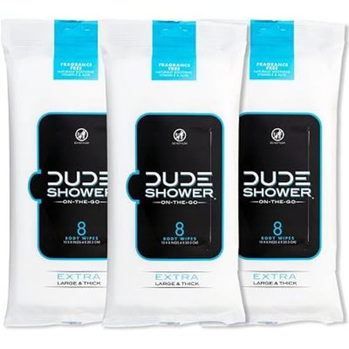 DUDE Wipes Fragrance Free On-The-Go Shower Wipes - Extra-Large and Thick Cleansing Body Wipes Ideal for Travel - 3 Packs of 8 (24 Count) - Infused with Vitamin E and Aloe