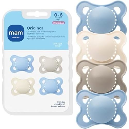 MAM Original Baby Pacifier 0-6 Mths, Skin Soft Silicone Nipple, 4 Pack