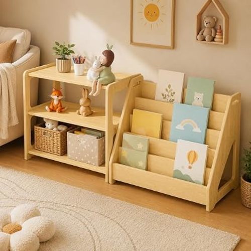 Montessori Toy Storage Organizer 2 Piece Set Wooden Montessori Bookshelf