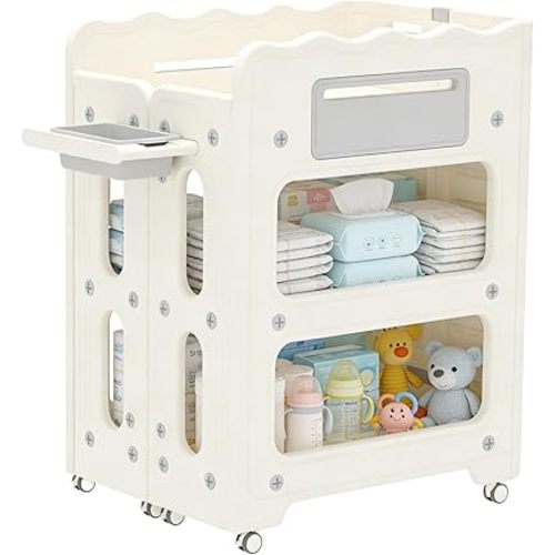 Baby Changing Table, with Lockable Wheels Foldable Portable Diaper Station, Waterproof Nursery Unit for Newborn Infant Essentials Storage Baskets & Cradle Travel-Friendly Easy-Clean Surface Compact
