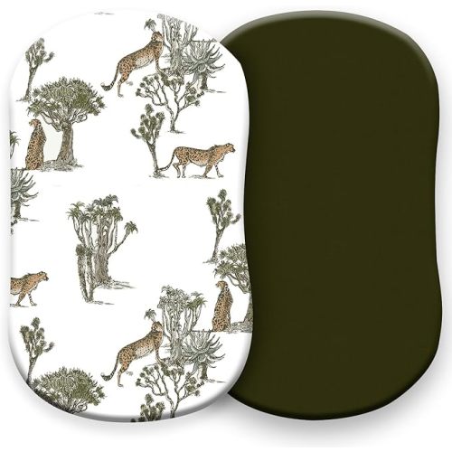 Pobibaby - 2 Pack Premium Bassinet Sheets for Standard Bassinets - Ultra-Soft Cotton Blend, Stylish Floral Pattern, Safe and Snug for Baby (Safari)