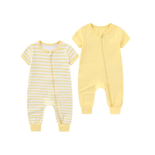 2 Pack Unisex Baby Short Sleeve Rompers 2 Way Zipper New Born One-Piece Jumpsuits 0-24Months Infant Outfits