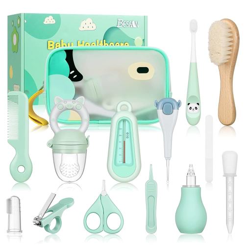 Baby Healthcare and Grooming Kit - Nursery Essentials Baby Registry Shower Gift for Newborns Infants Toddlers Boys Girls 13pcs - Green