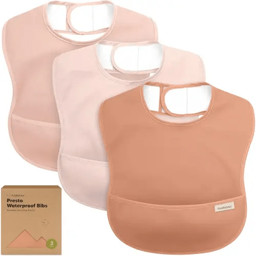 3-Pack Waterproof Baby Bibs for Eating - Lightweight Toddler Feeding Bibs with Large Food Catcher, Mess Proof, Food-Grade Baby Eating Essentials, Easy to Put On & Clean (Fawn)