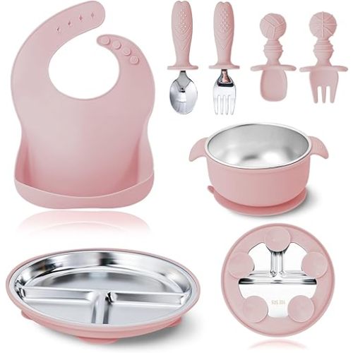 7 Pieces 304 Stainless Steel Baby & Toddler Feeding Set - Suction Divided Plates, Bowls, Silicone & Stainless Spoon Fork,Pocket Bib Unbreakable, Dishwasher Safe Kids Dinnerware Essentials (Pink)