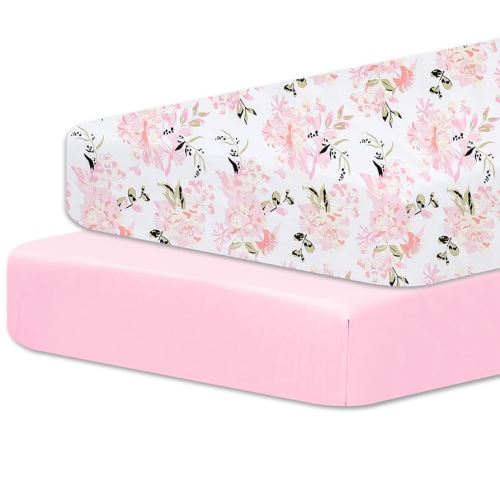 Little Grape Land Pack and Play Sheets Mini Crib Sheets Soft Breathable Pack N Play Sheets, Playard Fitted Sheet 2 Pack Stretchy Fits 38"x26" Playard Mattress, Pink Floral