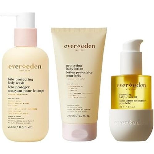 Evereden Protecting Baby Set - Moisturizing Baby Lotion for Newborn 6.7 oz., Protecting Baby Body Wash and Shampoo 8.5 oz. and Protecting Baby Massage Oil, 4 oz. | Clean Baby Care