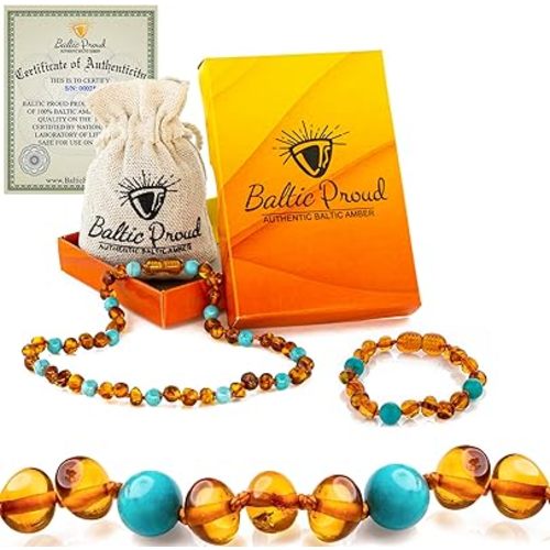 Baltic Proud Amber Necklace and Bracelet Gift Set (Unisex Cognac Turquoise 12.5 Inches/5.5 Inches) - Certified Premium Quality Raw Baltic Sea Amber