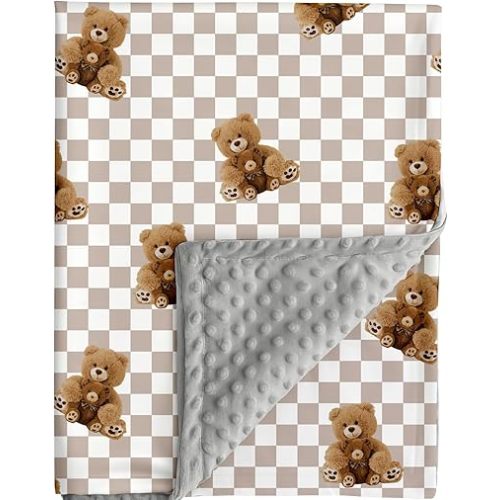 FIGEPO Bear and Buffalo Check Plaid Baby Blanket Gender Neutral Blankets for Newborn Baby Girls or Boys Nursery Toddler Double Layer Blanket with Dotted Backing and Bear Printed (Bear 2)