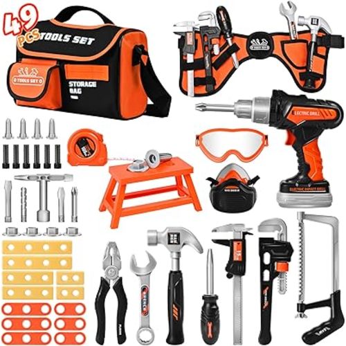Toddler Tool Set & Kids Tool Set 49 PCS with Electric Drill, Portable Storage Bag & Adjustable Belt - Construction Toys for Ages 3-8, STEM Learning Gift for Boys and Girls