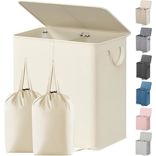 Lifewit Double Laundry Hamper with Lid and Removable Laundry Bags, Large Collapsible 2 Dividers Dirty Clothes Basket with Handles for Bedroom Laundry Room Closet Bathroom College, 136L Ivory White