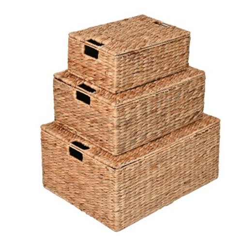 happimess Brooks Classic Farmhouse Woven Hyacinth Rectangular Storage Baskets with Lids and Handles, Natural