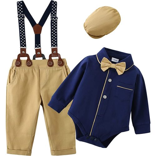 YALLET Baby Boy Clothes Suit Newborn Infant Gentleman Outfits 0-18M, Dress Shirt+Bowtie+Beret Hat+Detachable Suspender Pants