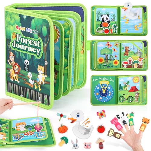Busy Book for Toddlers 1-3, Montessori Toys Busy Board for 1 Year Old Fishing Game Finger Puppet Motor Skill, Quiet Airplane Travel Essential Activities 1 2 3 Birthday Easter Valentines Gift Boy Girl