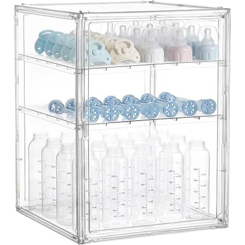 HBlife Baby Bottle Storage Organizer for Countertop Cabinet, 3 Tiers Adjustable Clear Acrylic Bottles Storage Station Case Box Container with 2 Removable Dividers and Magnetic Door, XXL