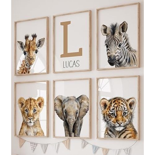 Realistic Safari Animals Set of 6 Unframed Poster Prints for Baby Girl Boy Nursery Bedroom Playroom, Personalized Name in Gray or Brown, Choice of 6 Animals (8x10)