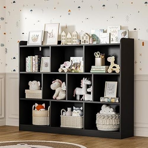 Black Bookshelf, Wood Bookcase with 3 Tier Open Shelves, 10-Cube Minimalist Storage Shelf for Living Room, Bedroom, 43.3" W x 35.4" H