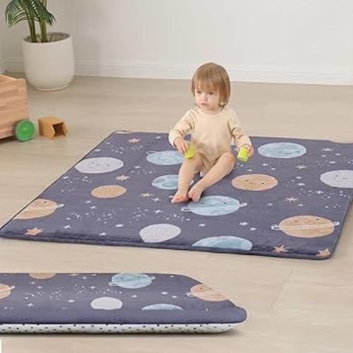 Baby Play Mat for Floor,1.3" Thick Cushioned Playpen Mat 50"x50",Extra Soft Elasti-Foam,Water Repellent Coral Velvet,Non-Slip for Crawling&Tummy Time,Infant Toddler Kids Nursery Rug(Space)
