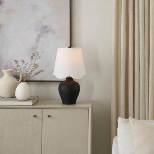 Nourison 18" Small Black Ceramic Table Lamp with Scallop Shade