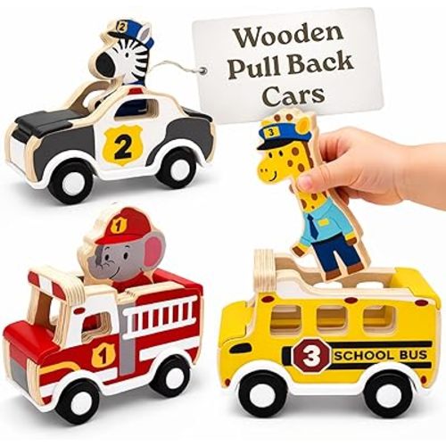 Little Acorn, Wooden Pull Back Cars with Mix & Match Characters | Montessori Toys for 1 & 2 Year Old | Car Toys for Toddlers 1-3 | Baby Toys 6-12 Months | Birthday Gifts for Boys Girls