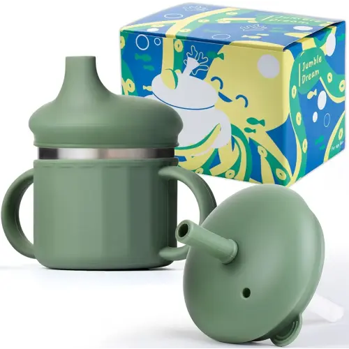 Jumble Dream Baby & Toddler Stainless Steel Sippy Cup Silicon Training Stainless Steel Kids Cups with Straw, Babies Tumbler with Straw No Spill | 6-24 Month Toddler Sippy Cup (Sage Breeze)