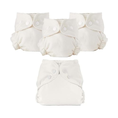 Esembly Cloth Diaper Bundle Set - 3 Organic Cotton Absorbent Inners and 1 Waterproof Outer Diaper Cover - Reusable, Washable, Snap Closure Cloth Diapers - Size 1 (7-17lbs), Parchment