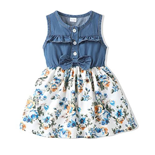 Renotemy Toddler Baby Girl Clothes Summer Denim Sleeveless Dress Outfits | Infant Baby Girls Dresses, Spring Summer Button Down Jeans Outfits, Cute Sleeveless Demin Sundress with Bow