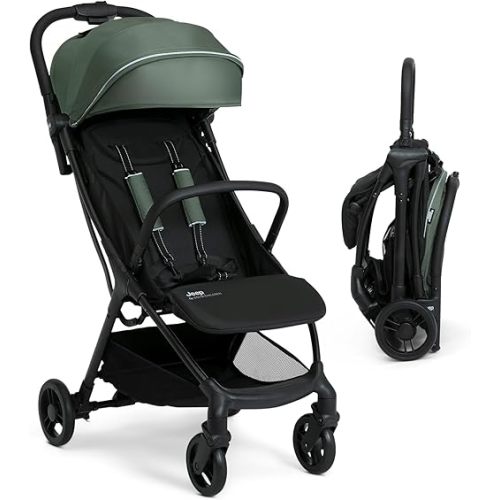 Jeep Altitude Compact Travel Stroller by Delta Children Greenguard Gold, Easy One Hand Fold, Lightweight, Extendable Canopy with Peek-a-Boo Window, Reclining Seat, 4 Wheel Suspension, Olive Green