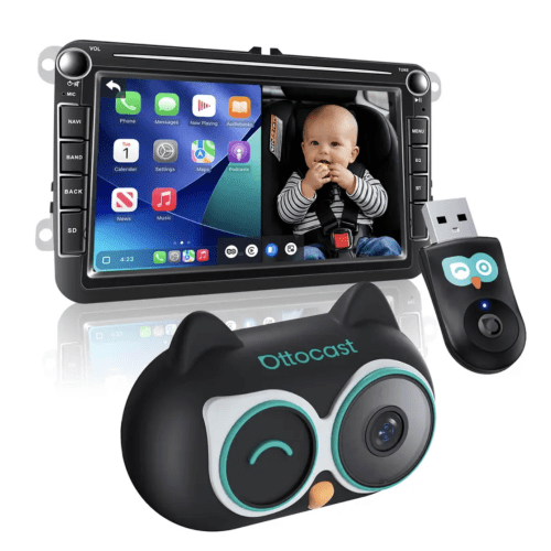 OTTOCAST Baby Car Camera &Wireless CarPlay Adapter,1080P HD Rear Seat Monitor Display on Car Screen,150°Wide Angle No-Glow Night View, Safety for Kids & Infants