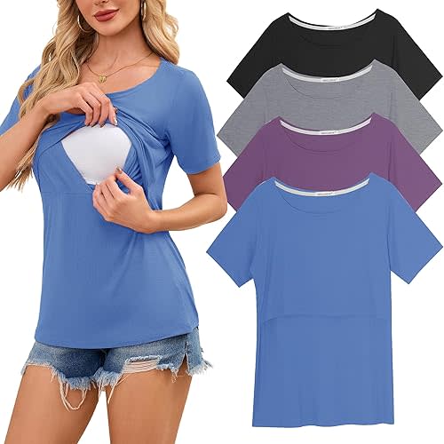 Smallshow Women's Nursing Tops Ribbed Short Sleeve Breastfeeding Shirts 4 Pack