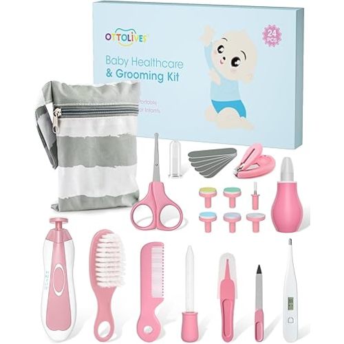 OTTOLIVES Baby Healthcare and Grooming Kit, 24 in 1 Baby Electric Nail Trimmer Set Newborn Nursery Health Care Set for Newborn Infant Toddlers Baby Boys Girls Kids Haircut Tools (0-3 Years+) (Pink)