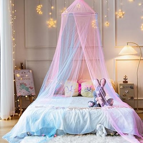 Two-Tone Bed Canopy Mosquito Net,Pink Blue Bed Canopy for Girls Bed Net,Princess Canopy for Kids Bed Room(Pink + Blue)