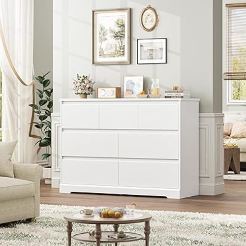 Dresser for Bedroom, Modern White Dresser, Wood Chest of Drawers Nursery Dressers, with Storage, 7 Drawer Double with Handle Free, Large Storage Organizer for Living Room,White