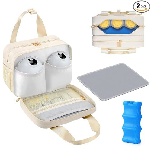 PIIOSER Breastmilk Cooler Travel Bag with Ice Pack, Compatible with Wearable Breast Pumps & Accessories - Portable Hands Free Breast Pump Carrying Case for Nursing & Working Moms, Cream