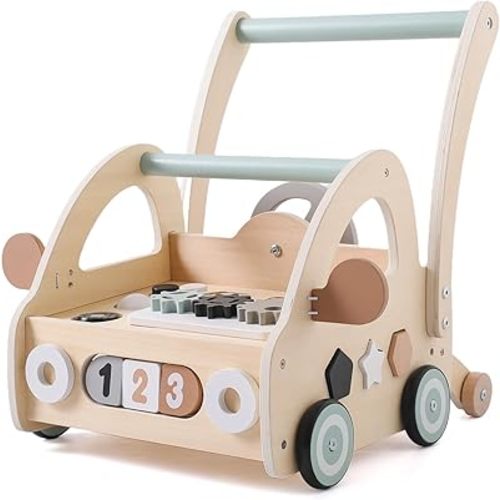 IEATFO Baby Walker, Wooden Baby Walker Push Toy for Baby Boy and Girls with Car Shape, Stand Up Push Walker for Babies Learning to Walk, Toddler Multiple Activities Center for Kids Christmas Birthday Gifts