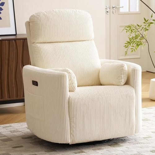 Swivel Rocker Recliner with Massage and Heat, Swivel Nursery Recliner With Adjustable Headrest, Manual Rocker Recliner Chair with Two Removable Pillows, High Back Barrel Armchair, Beige