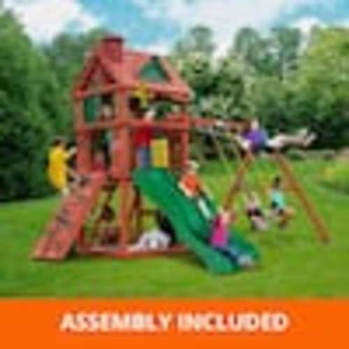 Gorilla Playsets Professionally Assembled Double Down Kids Wood Outdoor Playground Set with 2 Wave Slides, Sandbox, Rock Wall, Swing Set 6757