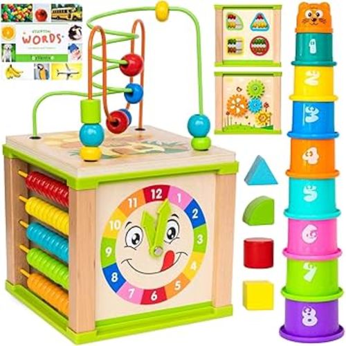 Toyventive Wooden Kids Baby Activity Cube - Girls Gift Set | 1st Birthday Gifts Toys for 1 One, 2 Year Old Girl | Developmental Toddler Educational Learning Girl Toys 12-18 Months | Bead Maze