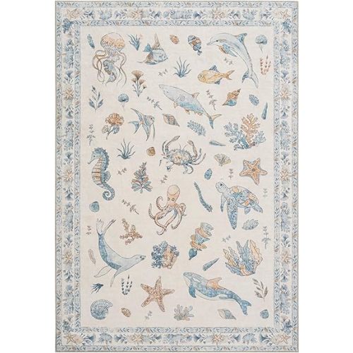 Soft Marine Animal Washable Faux Wool Stain Resistant Rug Rubber Non-Slip Backing for Playroom Bathroom Living Room Bedroom Bedside Beachy Cute Coastal Nautical Nursery Rug (Blue Multi, 5' x 7')