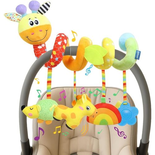 Carseat Toys Hanging for Babies 0-6-12 Months, Crib Toy Hanging Plush Spiral Car Seat Toy, with Rattle, Teether & Mirror, Stroller for Baby Boys & Girls, Infant Car Seat Toys