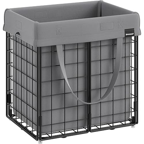 SONGMICS Laundry Hamper, 11 Gal. (50L) Laundry Basket, Collapsible Clothes Hamper, Removable and Washable Liner, Metal Wire Frame, for Bedroom Bathroom, Black and Gray ULCB150G01