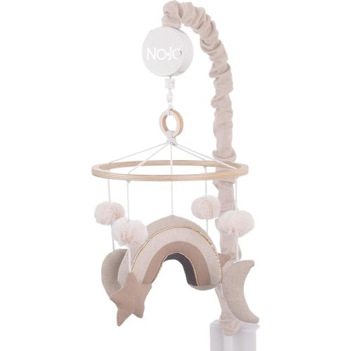 NoJo Rainbow Moon and Stars Pom Pom Ivory, Taupe, and Natural Wood Tones Plush Nursery Musical Mobile