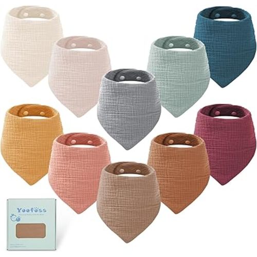 Yoofoss Muslin Baby Bibs 10 Pack 100% Organic Cotton 6-Layer Soft Absorbent Drool Bandana Baby Bibs for Drooling and Teething for Boys and Girls,Classic Mixed
